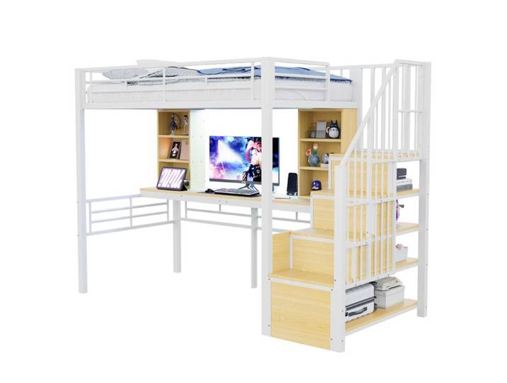 Lit mezzanine 90x200 cm 1 place blanc fer bureau étagère LED prise européenne escalier rangement gauche/droite garde-corps haut
