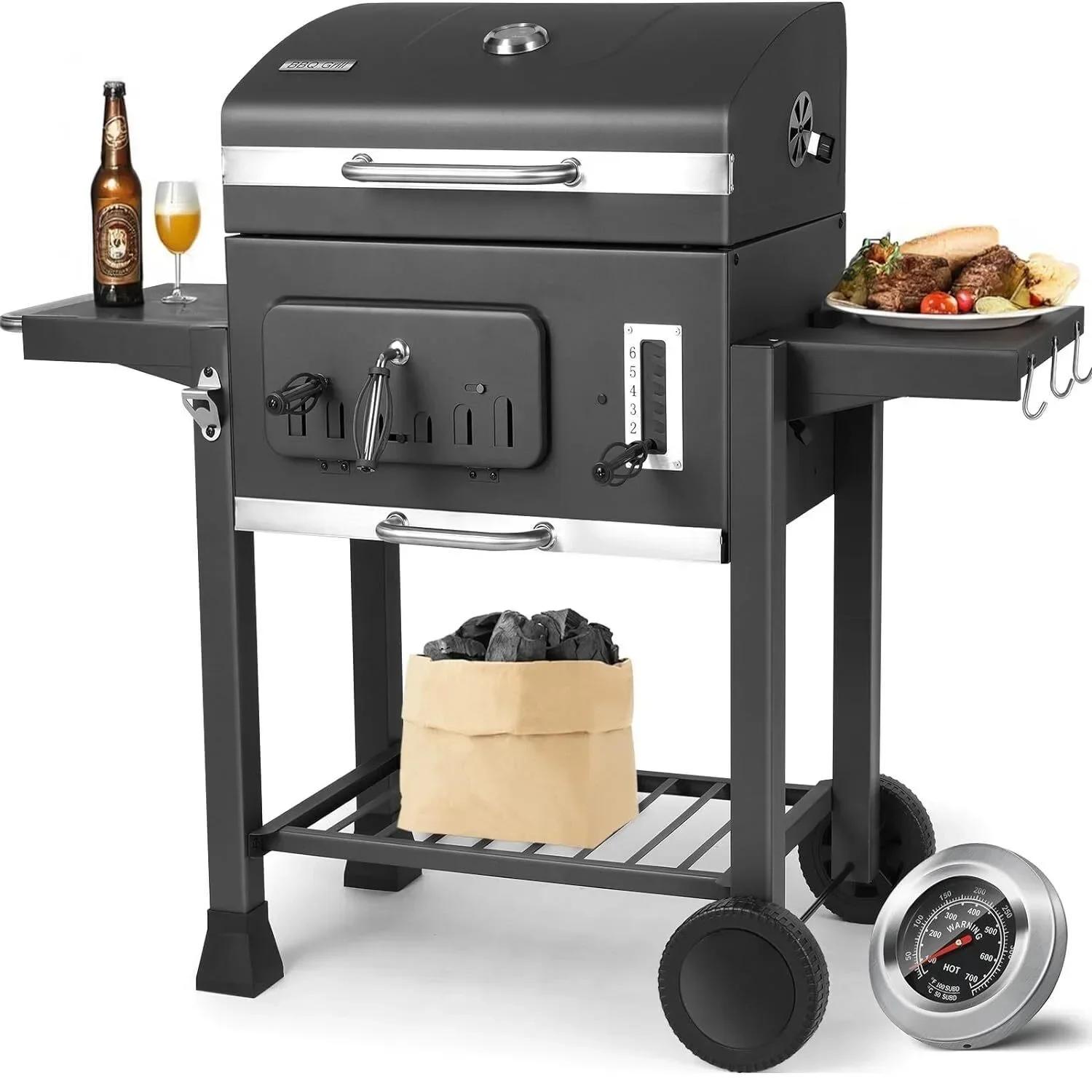 Großer Holzkohlegrill BBQ - Outdoor Smoker Grillwagen - Höhenverstellbarer Rost - Deckel mit Thermometer - Edelstahl - Schwarz