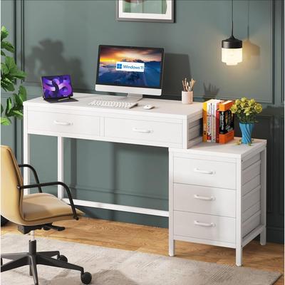 Jiallo "51"" Reversible Computer Desk with 5 Drawers and File Cabinet, White"