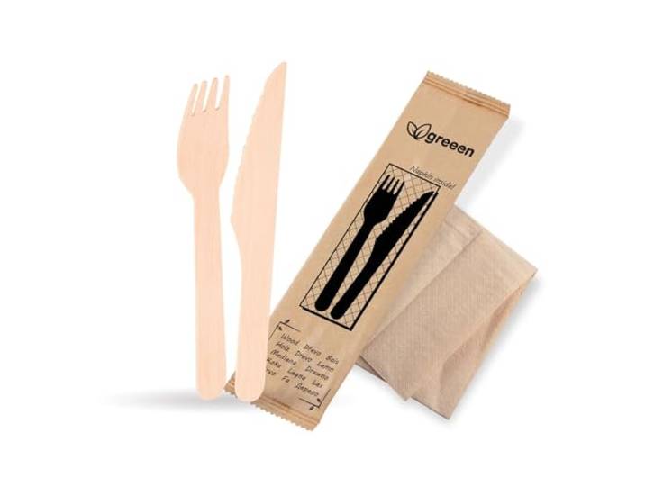 VEPATIM 1000 Einweg Bestecksets aus Holz 3-teilig Gabel Messer Serviette hygienisch verpackt 50 Sets