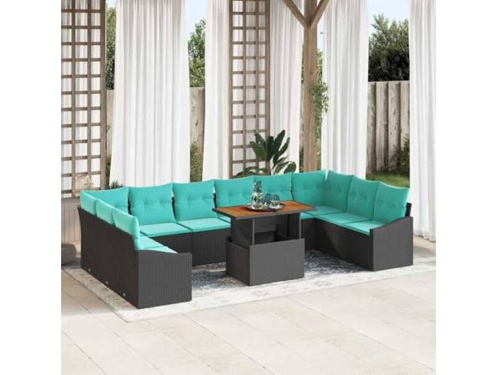 YUTAASU Poly Rattan Garten Esszimmer Set 11-teilig Braun Modular, Armlehnen, Akazienholz, Stahl, für Terrasse, 10 Personen
