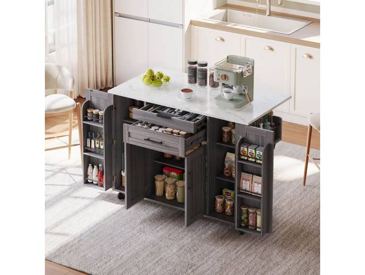 Îlot de cuisine gris 136x70x92cm plan extensible tiroir à couverts étagères ajustables porte-épices 5 roulettes