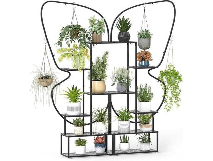 Support pour Plantes en Métal 7 Niveaux Étagère à Fleurs en Forme de Demi-lune avec Crochet Dispositif Anti(Noir Papillon)