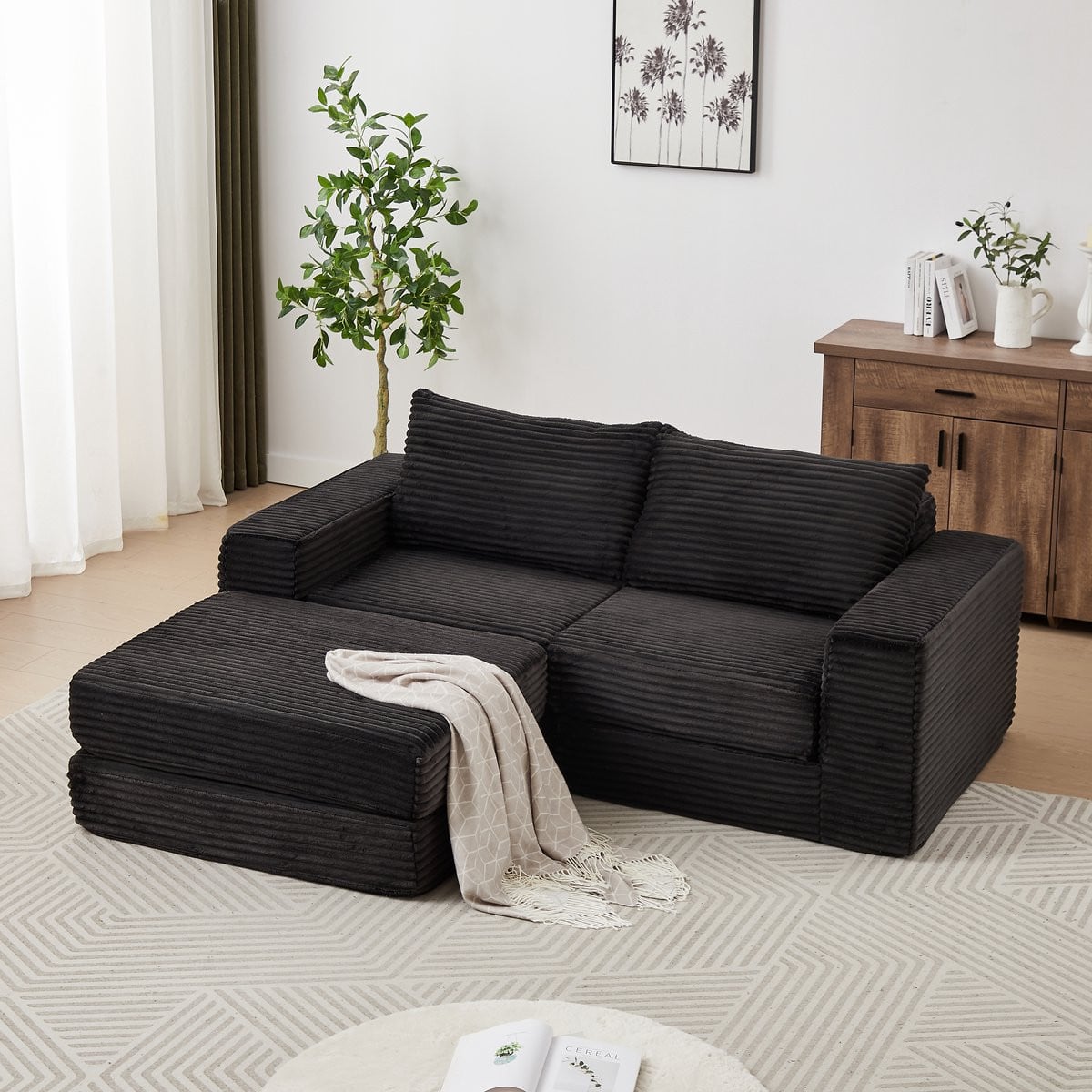 MODFU Slaapbank 2-in-1 Modulair met Verplaatsbare Voetsteun - Klassiek Ribfluweel - Zwart