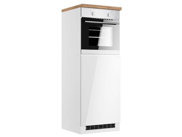 Lomadox Küchenschrank Umbauschrank für Kühlschrank und Backofen 60 cm, Hochglanz weiß, Arbeitsplatte Eiche