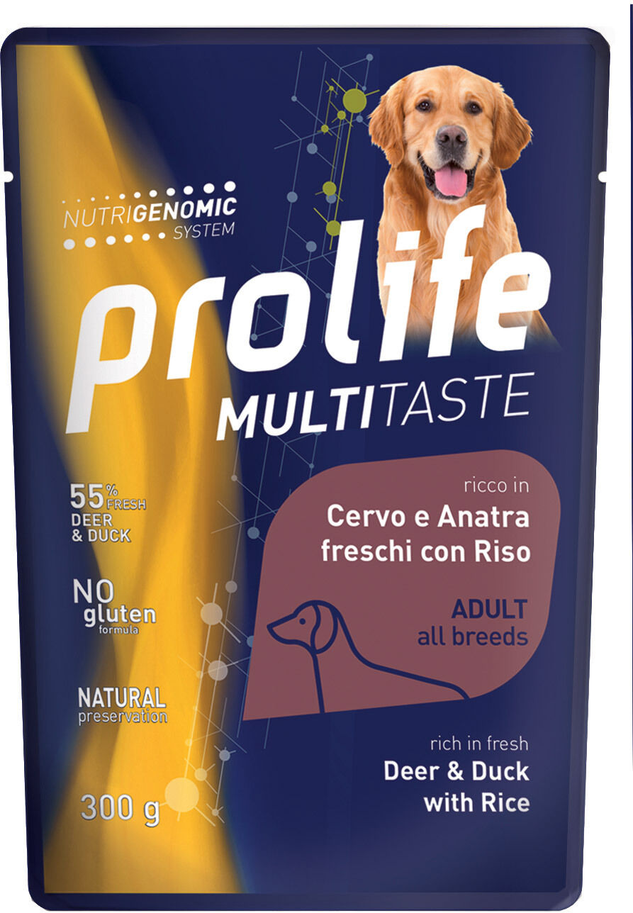 Prolife Cane Multitaste Adulto Cervo, Anatra & Riso Busta 300 Gr