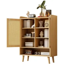 OKWISH Schuhschrank 80x35x105 Rattanschrank mit 2 Türen 5 Regalböden Push-Open Aufbewahrung Kommode Flur Sideboard Stauraum Eiche