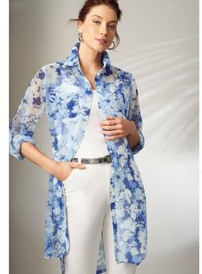 Plus Size Women's Sheer Georgette Mega Tunic by Jessica London in Bold Blue Flower (Size 34 W) Long Sheer Button Down Shirt