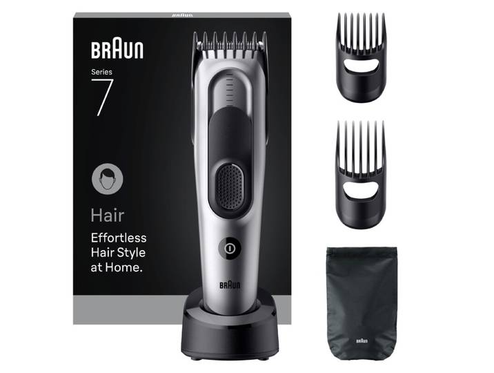 Braun Tondeuse à cheveux électrique Série 7, + 5 accessoires de coiffure, lames à tranchant permanent, 17 réglages de longueur, HC7590, Gris