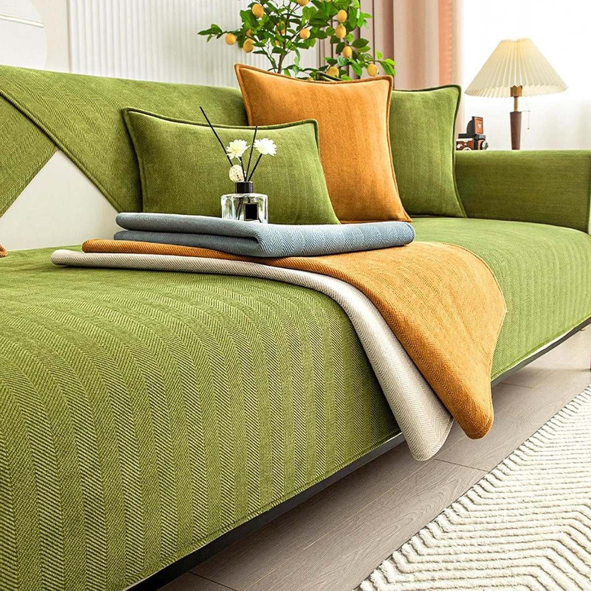Bankovertrek Visgraat Chenille in Groen met Antislip - 70 x 180 cm