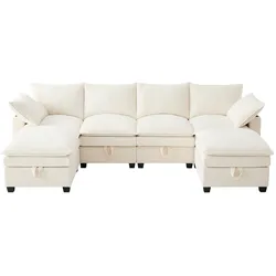 Modulares Sofa L-förmig 280x151x83 mit Fußhocker und USB-Anschlüssen – Cord Sofa mit Stauraum und Getränkehaltern in Beige