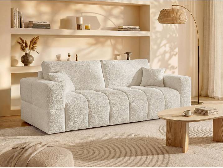 Schlafsofa 4-Sitzer mit Express-Bettfunktion aus Bouclé-Stoff in Beige - Liegefläche 160 cm - Matratze 20 cm ISSORO