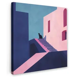 LEINWANDBILD Katze - Treppe - Gebäude - Schattenkontraste Deko Groß 90x90 cm