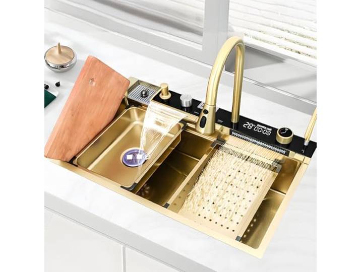 Küchenspüle, Gold Waschbecken aus Edelstahl mit Ausziehbarem Wasserhahn, Wasserfall Küche Einbau Spüle mit Abwasserrohre Mitbringen, Multifunktionale Spülbecken mit Becken im Becken für Camping(80*46c