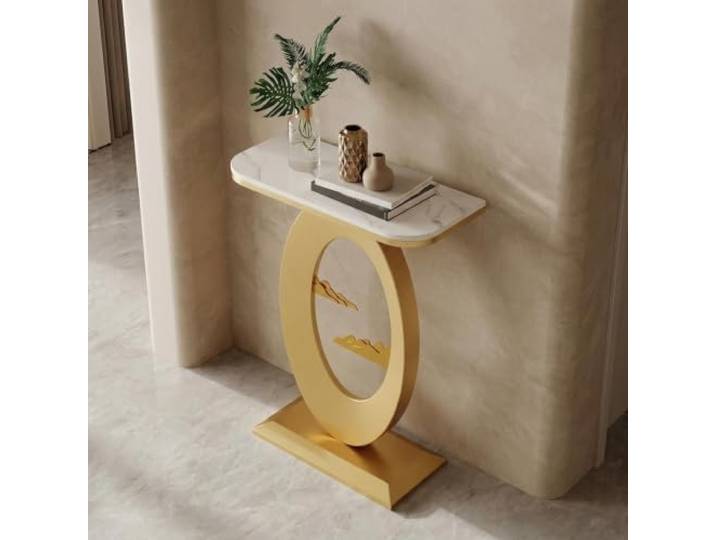 YTSJXN Moderner Konsolentisch schmal mit Sinterstein-Platte & Eisen-Gestell Sinterstein-Oberfläche, Stabiles Eisen-Gestell, Schmale Bauweise, Modernes Design(Gold,40cm/15.7in)