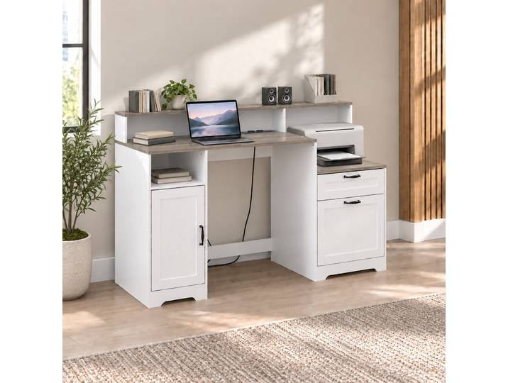HOMCOM Bureau 140cm Station Charge Tiroirs Armoire Marron Blanc