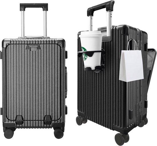 er Handgepäckkoffer, 20 Zoll, mit Aluminiumrahmen, TSA-Schloss, USB-Anschluss und Smartphone-Halterung für Reisen (Schwarz)