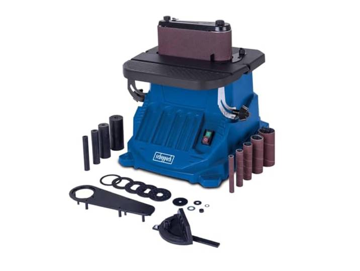 Scheppach Ponceuse à bande et à cylindre oscillante OSM600-450W Inclinable sur table en aluminium jusqu'à 45° - Course d'oscillation 16 mm - Avec 5 manchons abrasifs et 4 rouleaux abrasifs