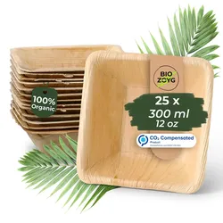 BIOZOYG 25 Stück quadratische Einwegschalen Palmblattschalen 300ml für Partys, umweltfreundliches Biogeschirr, Einmalgeschirr, biologisch abbaubar