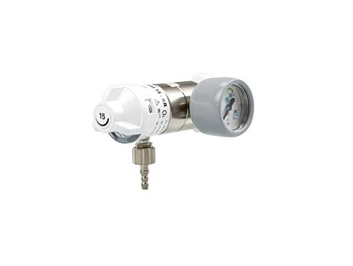 Sauerstoff Druckminderer (O2 Med.) Fast 15 HUM kurzer Anschlussbolzen, Manometer rechts, 0-15 l/min regelbar
