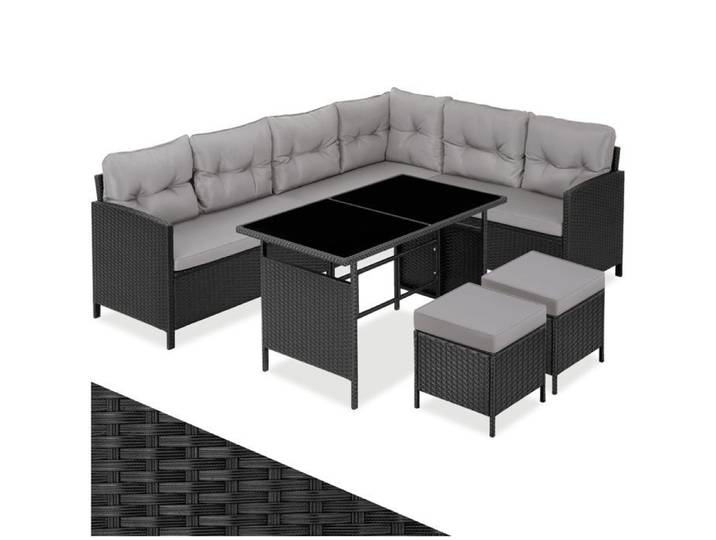 Salon de jardin - TECTAKE - Ensemble canapé lounge d'extérieur BARLETTA modulable en rotin 8 places résistant UV - Noir/Gris