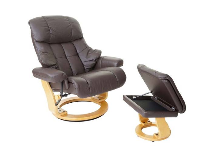 MCA fauteuil relax Calgary XXL fauteuil de télé avec tabouret cuir charge 180kg - marron brun naturel
