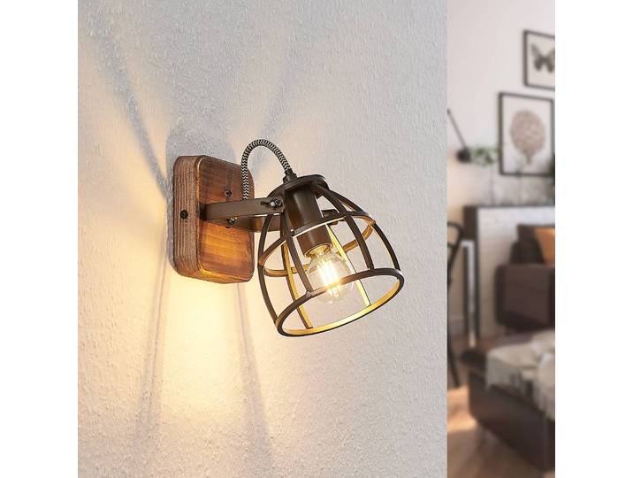 Wandleuchte Rutger Lindby, dimmbar, Holz dunkel, für Wohn- / Esszimmer, Metall, Vintage