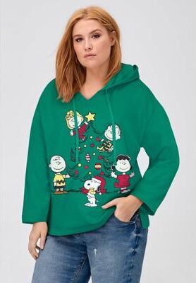 Plus Size Women's Peanuts Group Christmas Tree Hooded Sweatshirt by Peanuts in Green Peanuts Christmas (Size 1X)