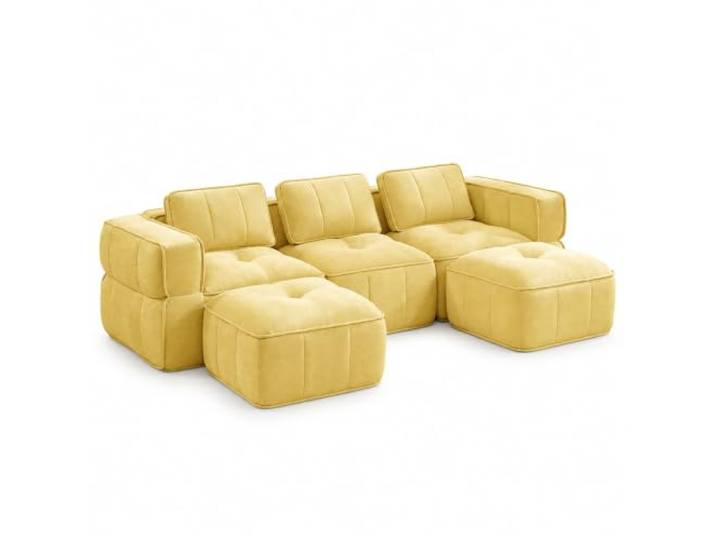 Jastoery 3-Sitzer U-förmiges Modulsofa mit 2 Hockern, ohne Gestell,Gelb Polyestergewebe, 32D-Hochdichteschaumstoff, rutschfeste Standfüße, inkl. 2 Hocker, modulares System, ohne Gestell, Wohnzimmer