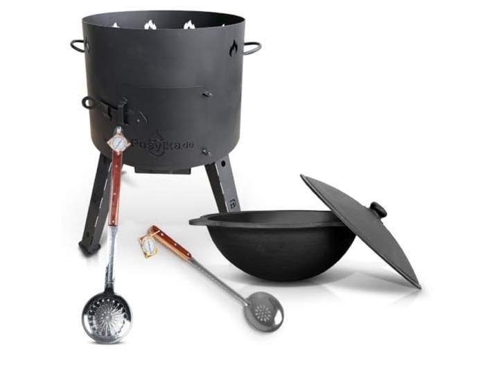 Utschak Feuerofen mit Gusseisen Topf runder Boden mit Deckel (16 L) KazanoFF, Uchag Feuerofen Gusseisen Kazan Kasan Schaumlöffel x2Stk Outdoor, Feuerschale, Camping (Set 16-5)