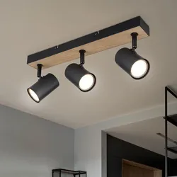 Deckenlampe Deckenleuchte Schlafzimmerleuchte 3-flammig Spotleiste Strahler schwenkbar, Metall Holz, schwarz, GU10, LxBxH 41x6x13,5 cm