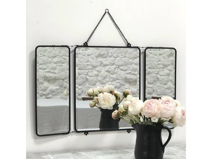 Miroir de barbier 3 faces en métal noir avec chaîne 87 x 55 cm Ch