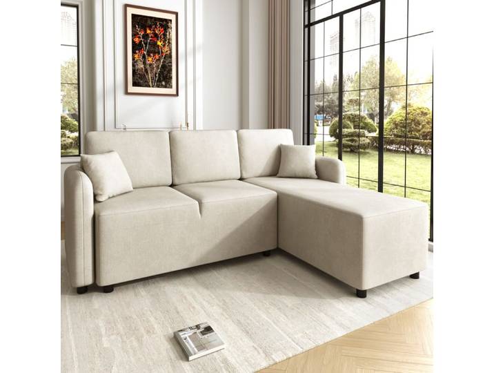 Canapé d'angle L - Kehun - Canapé modulable 3 places - 2 coussins inclus - chenille beige
