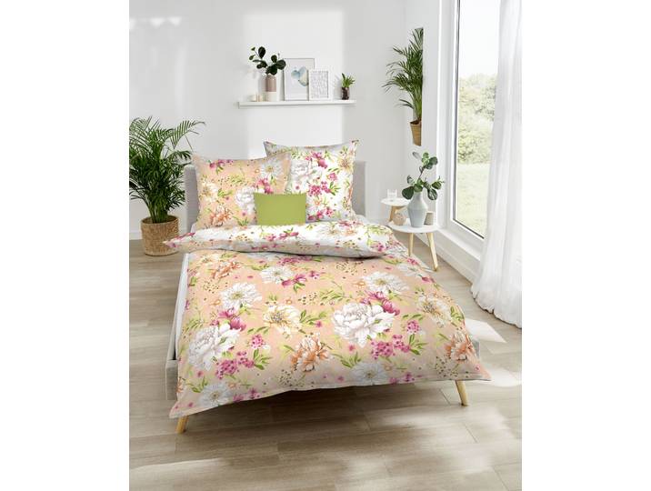 Wendebettwäsche KAEPPEL Flirtation , rot (apricot), B/L: 155cm x 220cm, 1 Stk., 1 Stk., Mako-Satin, B/L: 80cm x 80cm, 2 Stk., Mako-Satin, Obermaterial: 100% Baumwolle, Bettwäsche, Wendebettwäsche, Mit Blumen