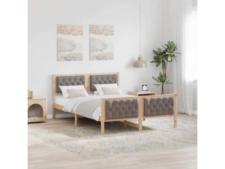 Massives Kiefernholz Polsterbettgestell mit Kopfteil Braun 140x200 cm Massives Kiefernholz Bettrahmen mit Kopfteil Taupe 140x200 cm Doppelbett Gestell mit Polster Kopfteil und Lattenrost Stabil