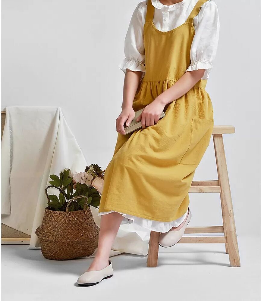 INF Tablier en Coton Jaune - Élégant Tablier à Bretelles pour Cuisine, Boutique de Fleurs et Travail