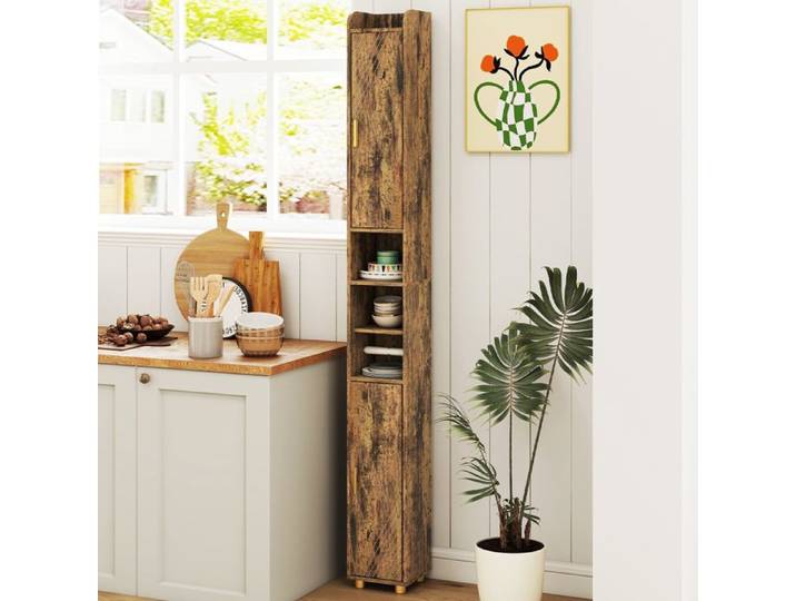 GOPLUS Colonne pour Salle de Bain Haut et Étroit avec 2 Portes Étagère Réglable sur 3 Niveaux Marron