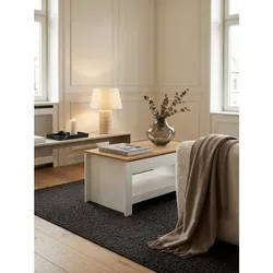 Couchtisch Weiß Eiche, Eckig mit Stauraum und Ablagefach, 85x47x45 cm