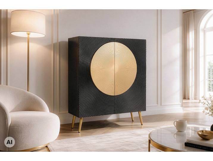 Massives Highboard AURUM 120cm schwarz Mangoholz mit ikonischem Gold-Element Modern & Design