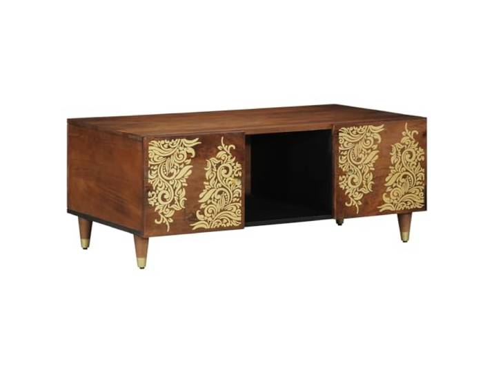 HEFZGDB Massiver Akazienholz Couchtisch 100x54x40 cm mit Regalablage und Zwei Türen, Honigbraun Rustikaler Stil, Stabile Bauweise und Dekorative Intarsien für Wohnzimmer