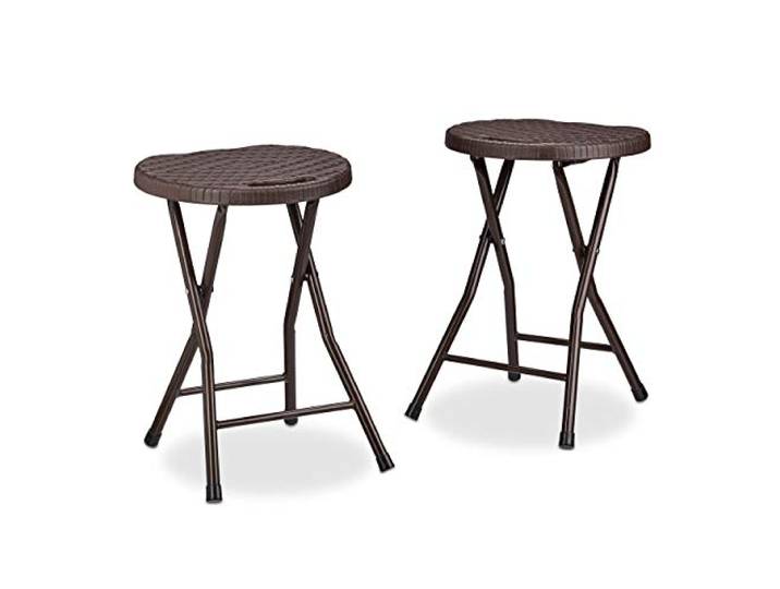 Relaxdays Klapphocker Bastian rund, 2er Set, Faltbar, Kunststoff, Rattanoptik, Wetterfest HxBxT: 45 x 32,5 x 29 cm