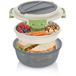 Arendo Lunchbox, Meal Prep Box 1,2l, rund, luftdicht, Brotdose mit Trenntablett & Spork, grau/grün