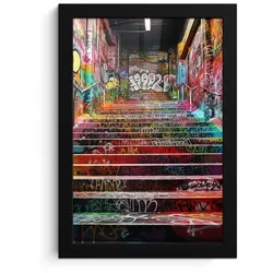 POSTER MIT RAHMEN Treppe - Graffiti - Farben - Kunst Poster 20x30 cm