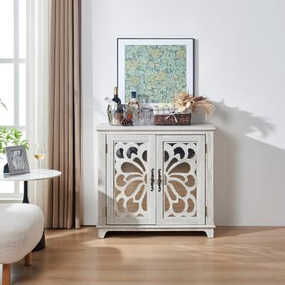 Lirago Sideboard Buffet Cabinet with Storage and Acrylic Mirror Carved Doors Adjustable Shelf for Living Room Entryway