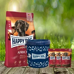 Happy Dog Supreme Africa 4 kg + 3 x 100 g. Happy Dog Soft Snack Africa + Futtertonne 20 Liter