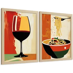 POSTER 2er Set Küchen-Wandbilder Rotwein und Pasta Vintage Retro Esszimmer Wanddeko Rahmenlos A3