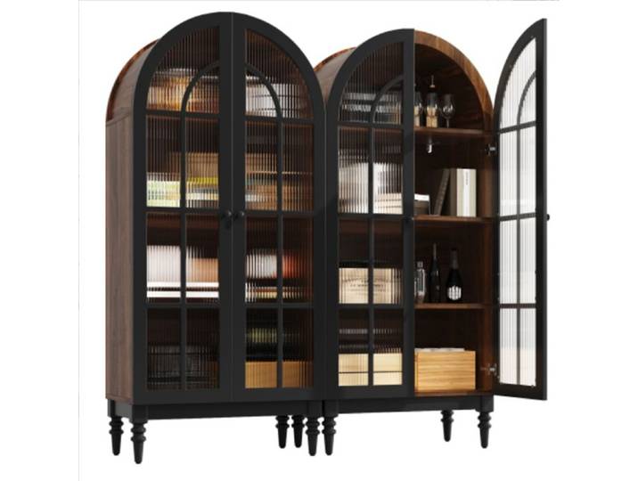 2 ensembles de vitrines courbes-165cm avec double portes en verre ondulé-3 couches d'incrustation-2 couleurs (noyer + blanc)