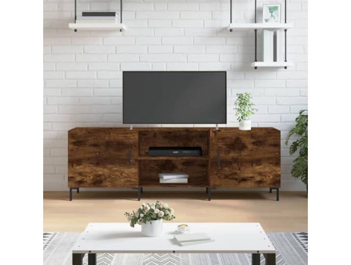 HEFZGDB TV-Schrank Räuchereiche 150x30x50 cm Holzwerkstoff mit 4 Fächern, Eisenbeinen und Wandhalterung – Robuster Medienschrank mit Stauraum und praktischer Tür für Wohnzimmer