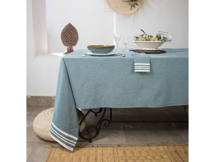 Nappe + 8 serviettes coton 180x350 bleu pétrole