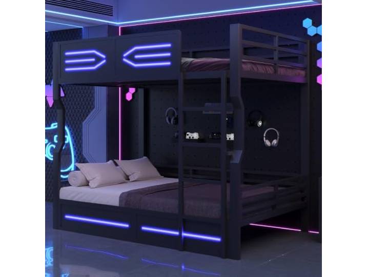Merax Eisenbett Etagenbett 140x200 cm mit LED-Beleuchtung, geradlinigem Design & hohen Seitengittern – Schwarz (Ohne Matratze)
